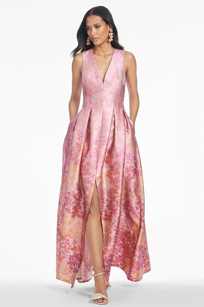 BROOKE ROSE PINK FLORAL MIKADO V NECK BALL GOWN - FINAL SALE