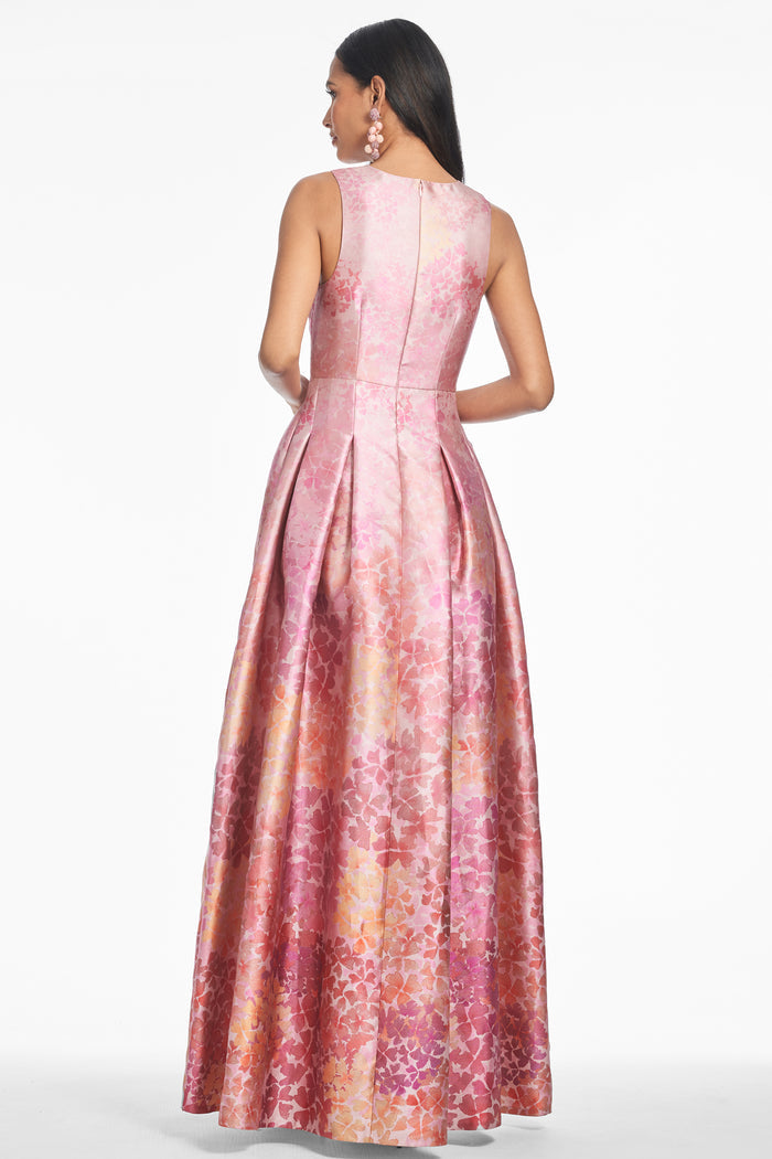 BROOKE ROSE PINK FLORAL MIKADO V NECK BALL GOWN - FINAL SALE