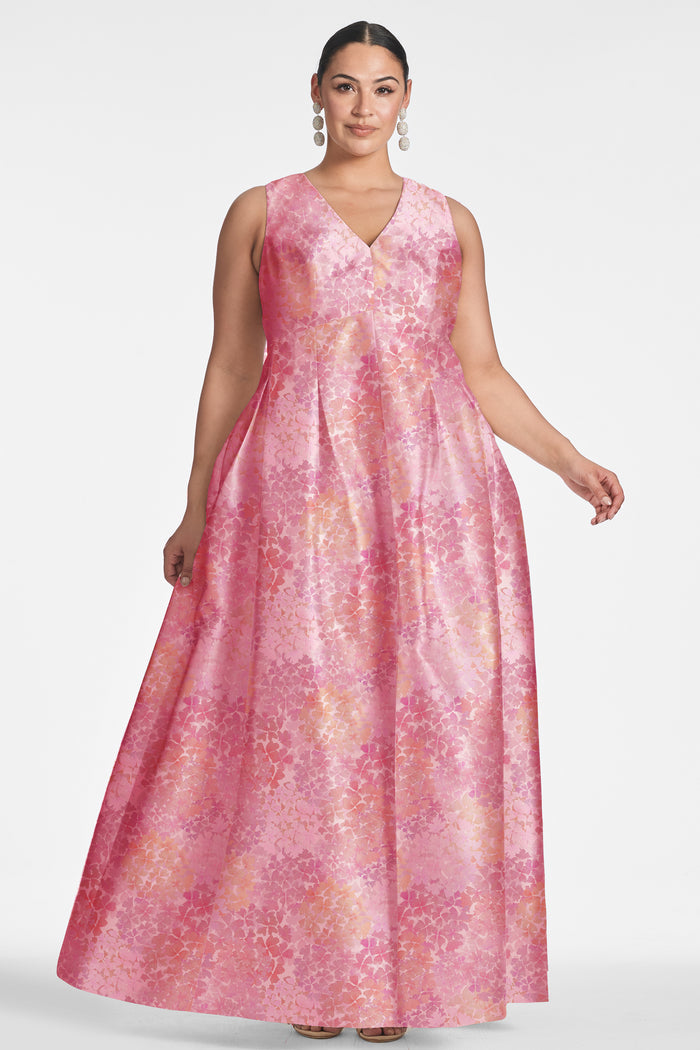 BROOKE ROSE PINK FLORAL MIKADO V NECK BALL GOWN - FINAL SALE