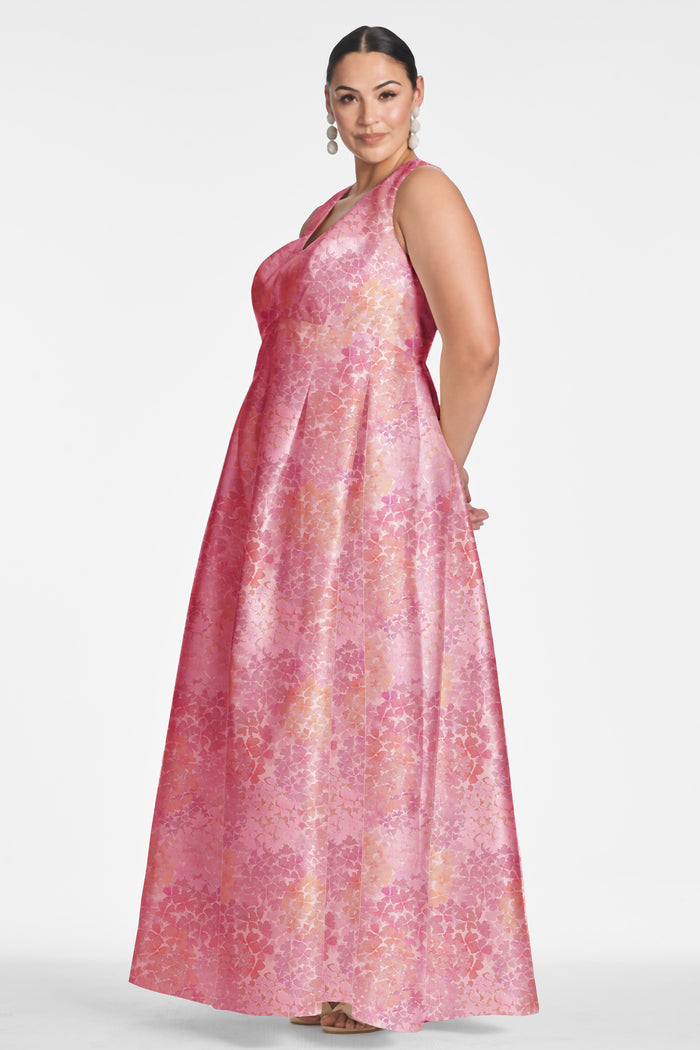 BROOKE ROSE PINK FLORAL MIKADO V NECK BALL GOWN - FINAL SALE
