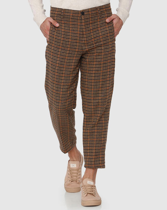 Brown Check Straight Fit Pants