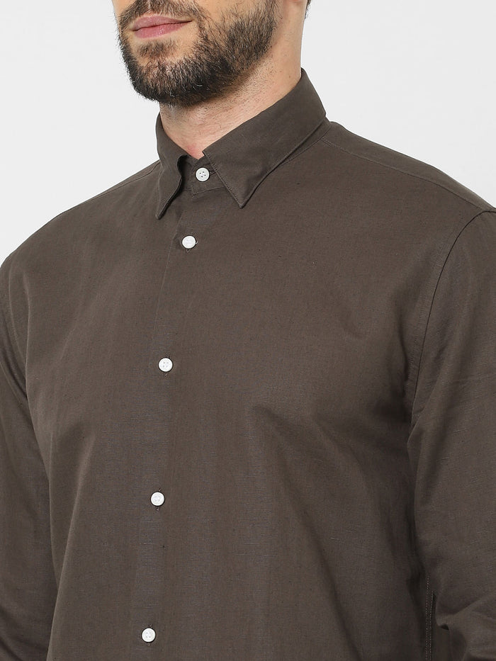 Brown Linen Blend Full Sleeves Shirt