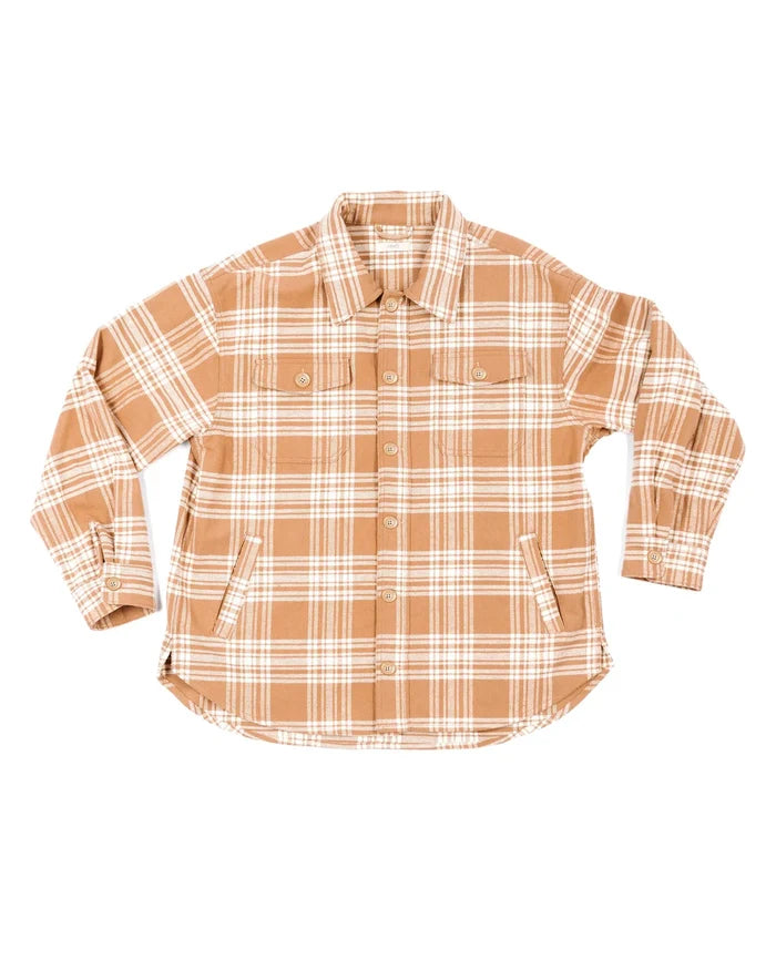 Plaid shirt with brown and white pattern on a white background