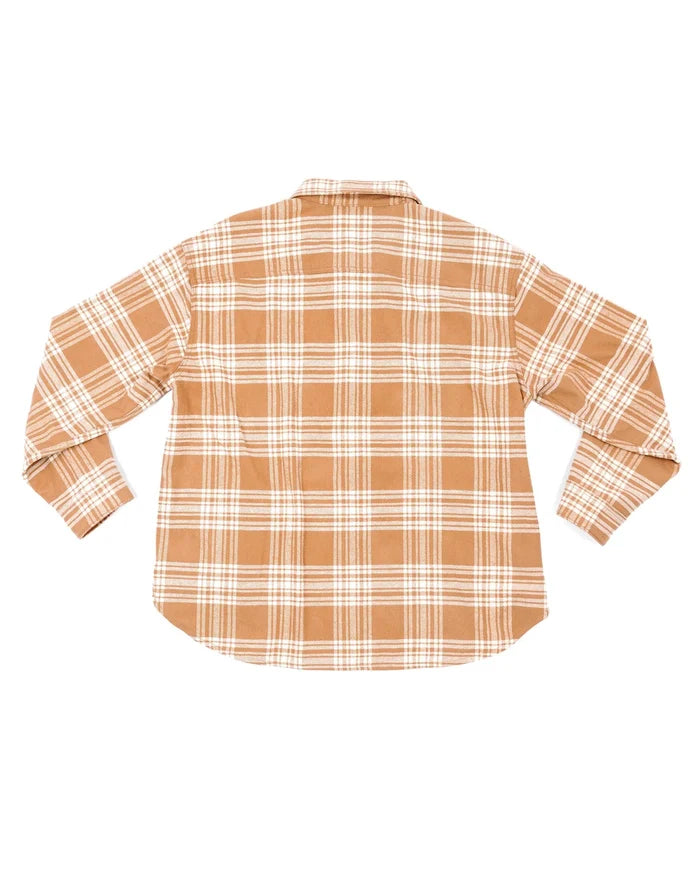 Plaid shirt with brown and white pattern on a white background
