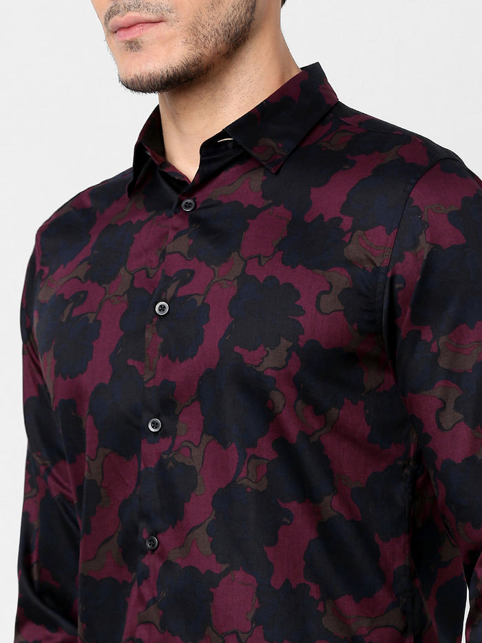 Burgundy Floral Full Sleeves Shirt
