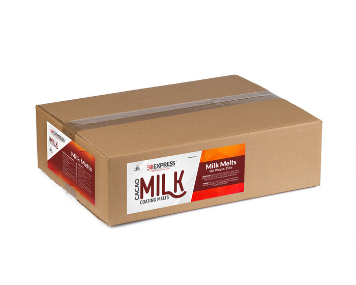Pouring melted 50 Express Cacao milk coating melts into silicone candy molds.