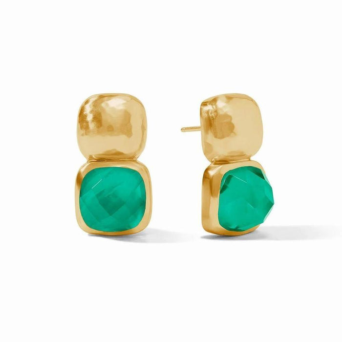 Gold and green gemstone earrings; textured metal setting.