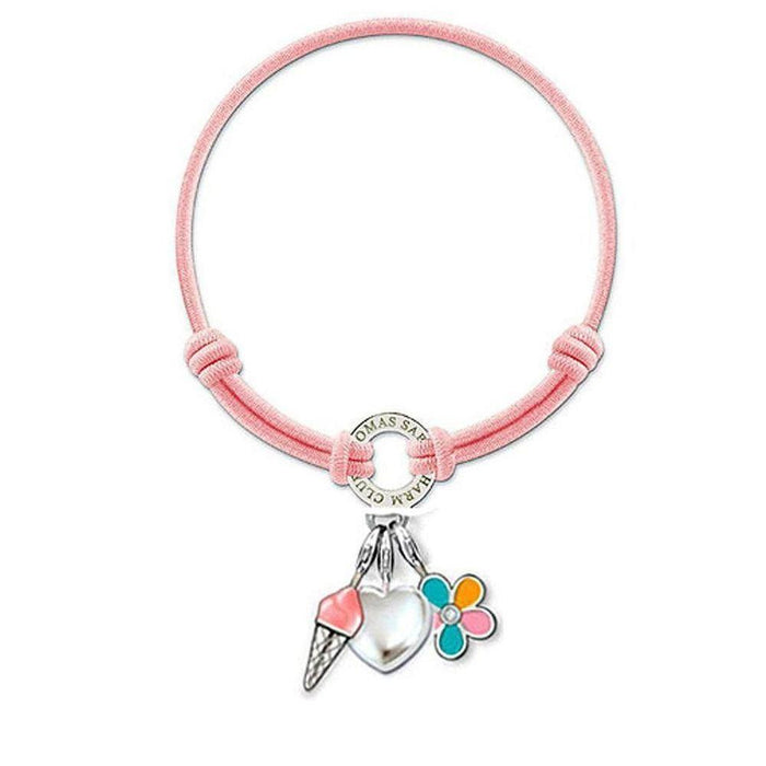Pink elastic bracelet with silver charm featuring ice cream, heart, and flower pendants.