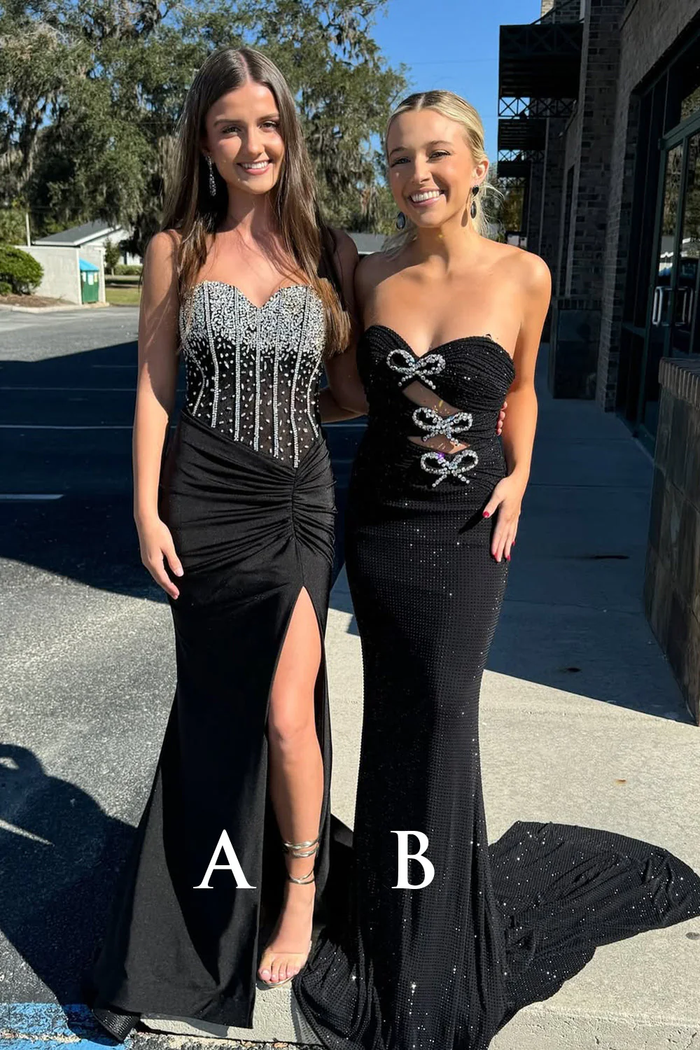 Charming Mermaid Sweetheart Black Beaded Slit Prom Dress