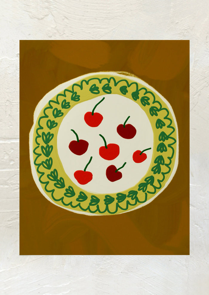 An art print of an illustration of cherries on a plate.