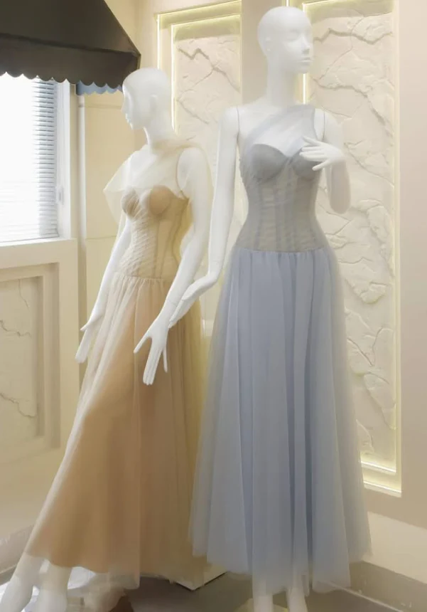 Classic A Line One Shoulder Blue Tulle Long Prom Dress Evening Dress