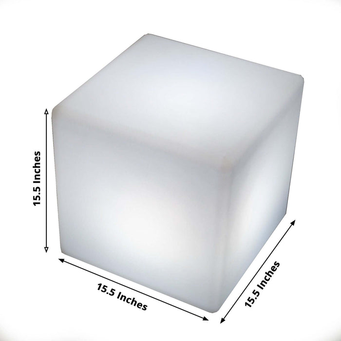 Illuminated white cube light, 15.5 inches in size.