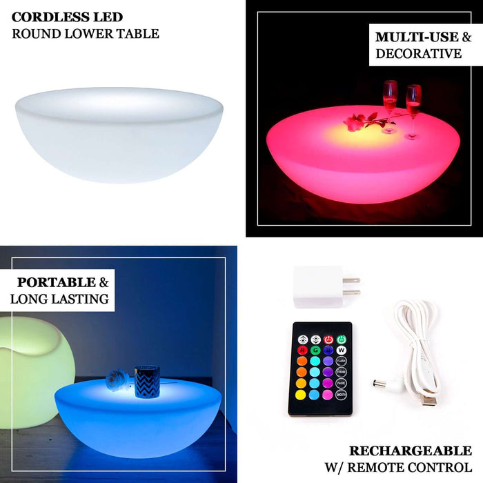 Cordless LED round lower table with remote control, portable and rechargeable.