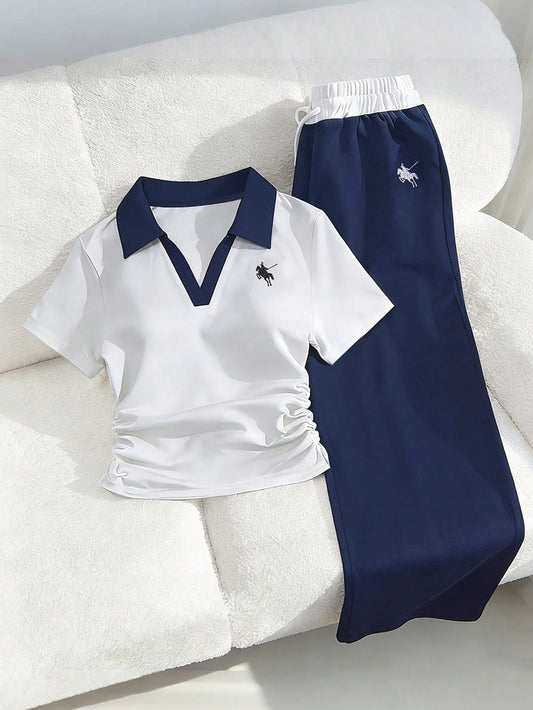 Contrast Stitching Polo Top & Wide-Leg Pants 2-Piece Sport Set