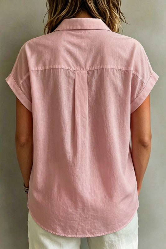Cool Coastal Gathered Button Up Top-Pink-SMALL-Cute-Trendy-Shop-Womens-Boutique-Clothing-Store