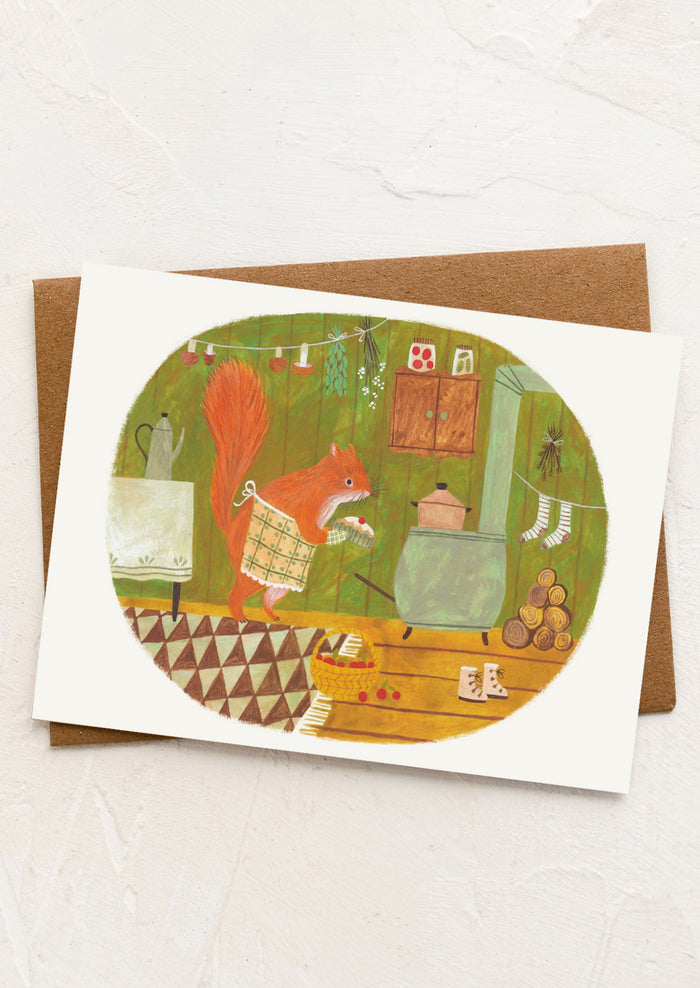 Greeting card with a red squirrel in a kitchen illustration on a white background