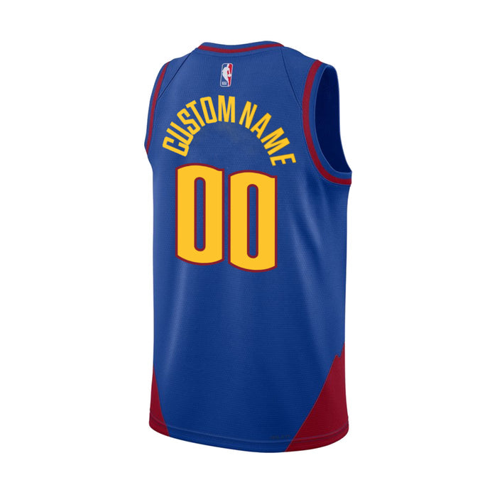 Back view of a royal blue basketball jersey with red trim accents, featuring the text "CUSTOM NAME" in yellow and the number "00" in yellow with red trim.