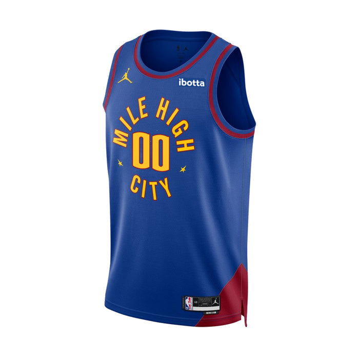 Front view of a royal blue basketball jersey with red trim accents, featuring the text "Mile High City" in yellow with red trim and the number "00" in yellow with red trim.