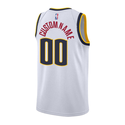 Back view of a white basketball jersey, featuring the text "CUSTOM NAME" in red and the number "00" in dark navy blue with gold trim.