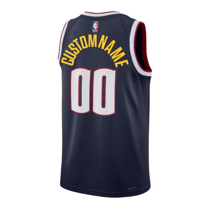 Back view of a navy Nuggets basketball jersey with white and red trim featuring the text "CUSTOM NAME" in yellow and the number "00" in white with red trim