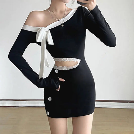 Bow Diagonal Collar Lace Dress fashionnsio