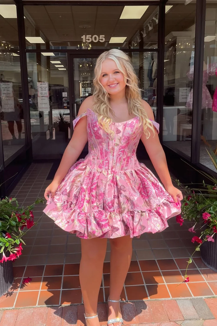 Cute A Line Off the Shoulder Lavender Jacquard Satin Short Homecoming Dress
