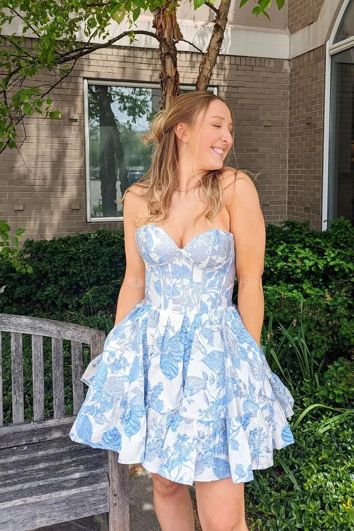 Cute A-Line Strapless Blue Jacquard Satin Short Homecoming Dresses with Pockets