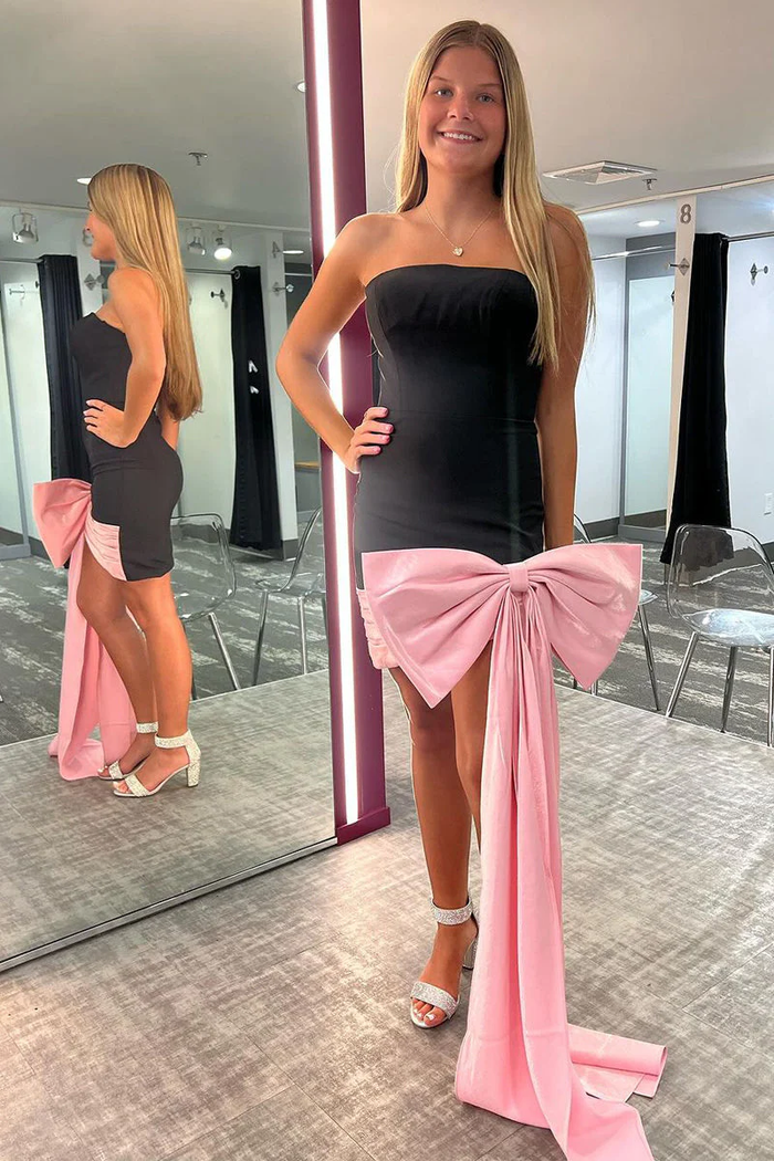 Cute Bodycon Black Satin Short Homecoming Dresses with Big Bow