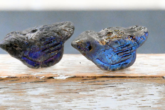 Czech Bird Grey with Etched, 11x22mm AB, and Metallic Blue Finishes, 4pc