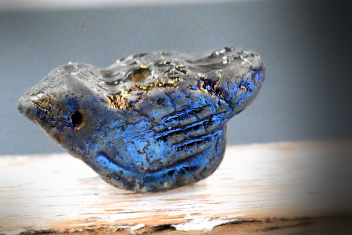 Czech Bird Grey with Etched, 11x22mm AB, and Metallic Blue Finishes, 4pc