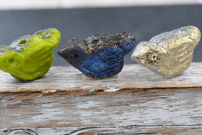 Czech Bird Grey with Etched, 11x22mm AB, and Metallic Blue Finishes, 4pc