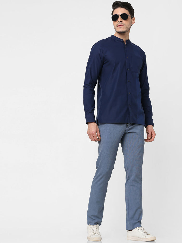 Dark Blue Self-Design Full Sleeves Shirt
