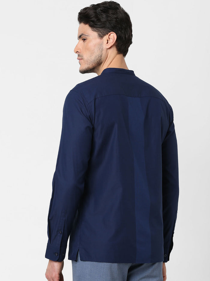 Dark Blue Self-Design Full Sleeves Shirt