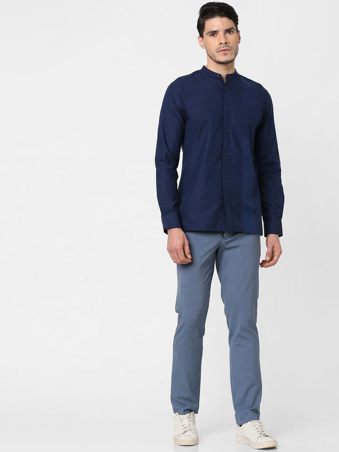 Dark Blue Self-Design Full Sleeves Shirt