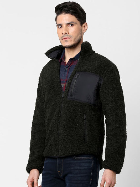 Dark Green High Neck Teddy Jacket