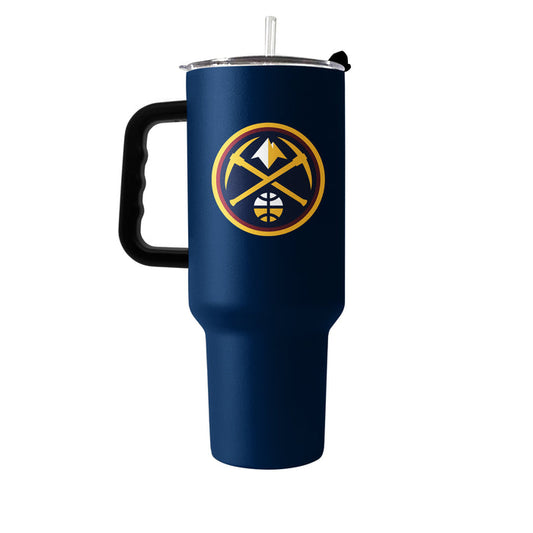 Front View navy metal tumbler with clear lid and straw featuring Nuggets Primary Logo