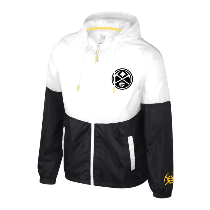 Front left view of a half white and half black full zip jacket.  Yellow accents on drawstrings and zipper.  Black and white Nuggets Primary logo on chest with a yellow Pick Axe Ball Logo on the left sleeve