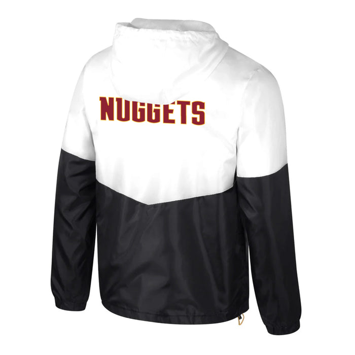 Front left view of a half white and half black full zip jacket.  Nuggets wordmark in crimson trimmed in yellow in the middle just behind the hood.