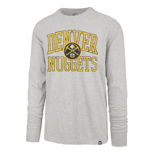 Front left view of a heather grey long sleeve t-shirt with distressed text and logo.  Denver Nuggets in yellow trimmed in navy and the Nuggets primary logo stacked in the middle