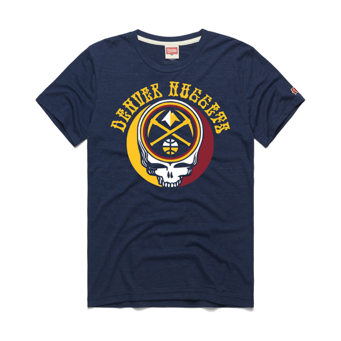 Front View dark navy blue short-sleeved t-shirt featuring a stylized graphic on the center chest. The graphic is a circular design that combines a Grateful Dead-style "Steal Your Face" skull icon with a Denver Nuggets basketball logo, rendered in navy, white, yellow, and red. Arched above the Primary Nuggets logo in bold yellow lettering is the team name, "DENVER NUGGETS