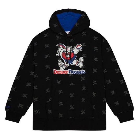 Front View black pullover hoody with an all-over print of small, faint team logos. On the center chest is a colorful graphic featuring the Denver Nuggets "Maxie" mascot character with the text "Denver Nuggets" below it