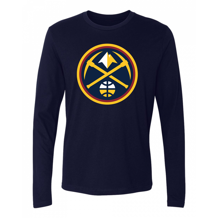 Front view, long sleeve navy blue t-shirt with large Primary Nuggets logo featuring blue circle, trimed in yellow, inside yellow and white Pick Axe and Ball logos