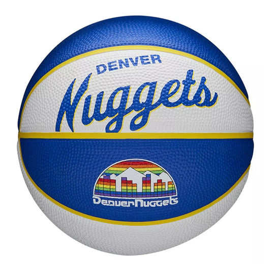 Front view Denver Nuggets basketball, featuring a blue and white panel design with gold accents. The ball is branded with "Denver Nuggets" text and a retro rainbow-colored mountain logo.