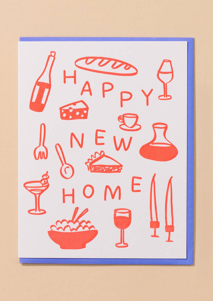 Greeting card with red illustrations and 'Happy New Home' text on a beige background