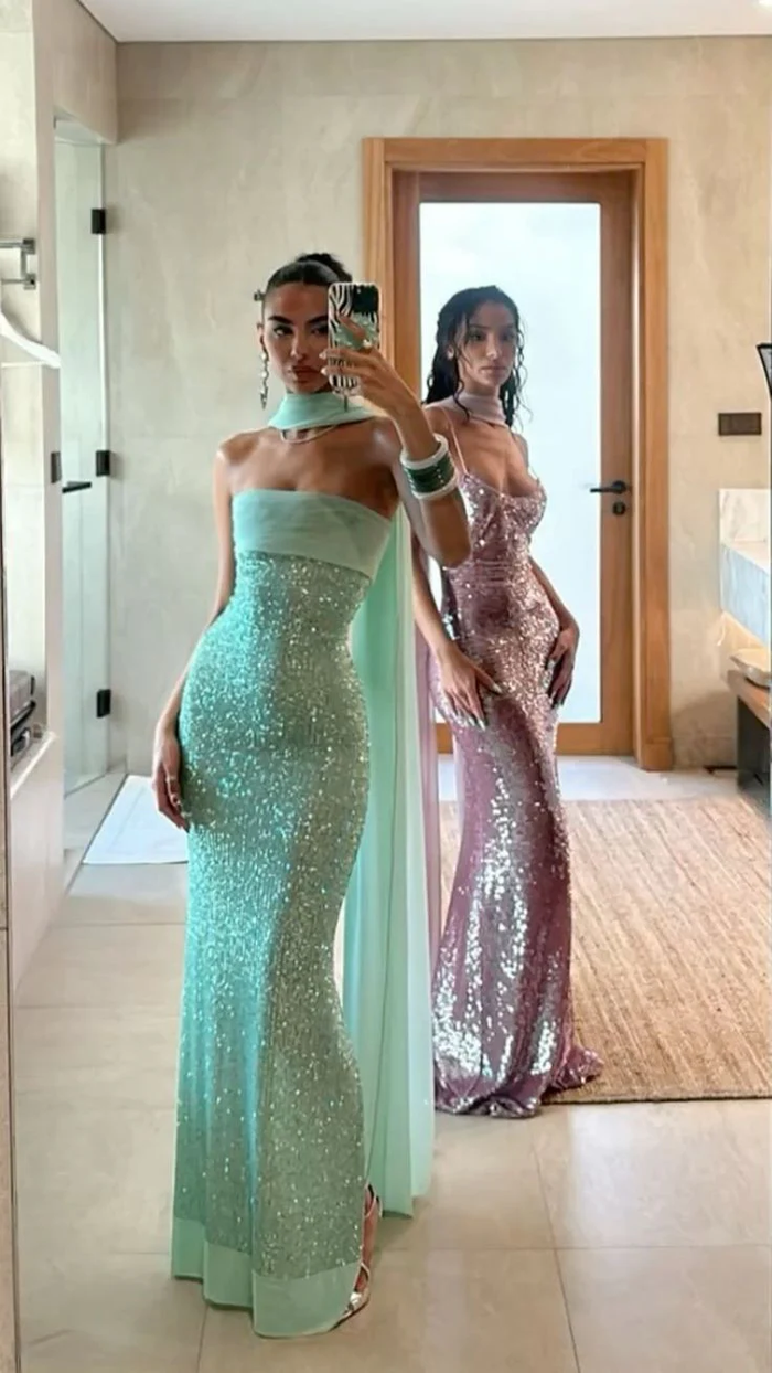 Elegant Strapless Green Sequin Mermaid Evening Dress Long Prom Gown