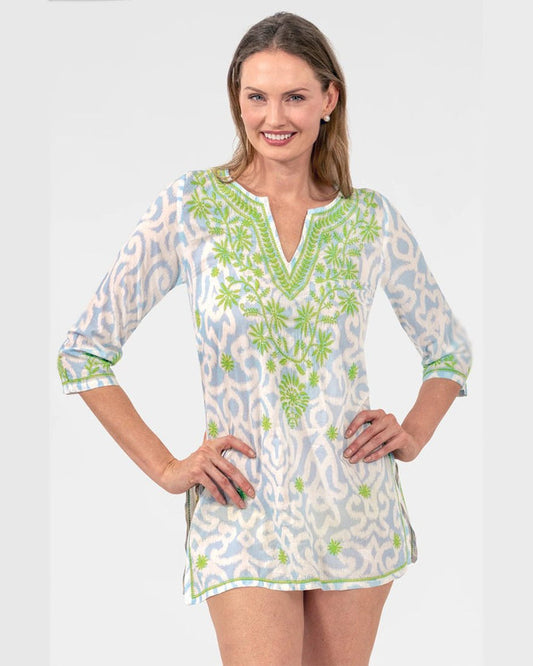 Gretchen Scott - Embroidered Tunic Top - Light Blue Arabesque