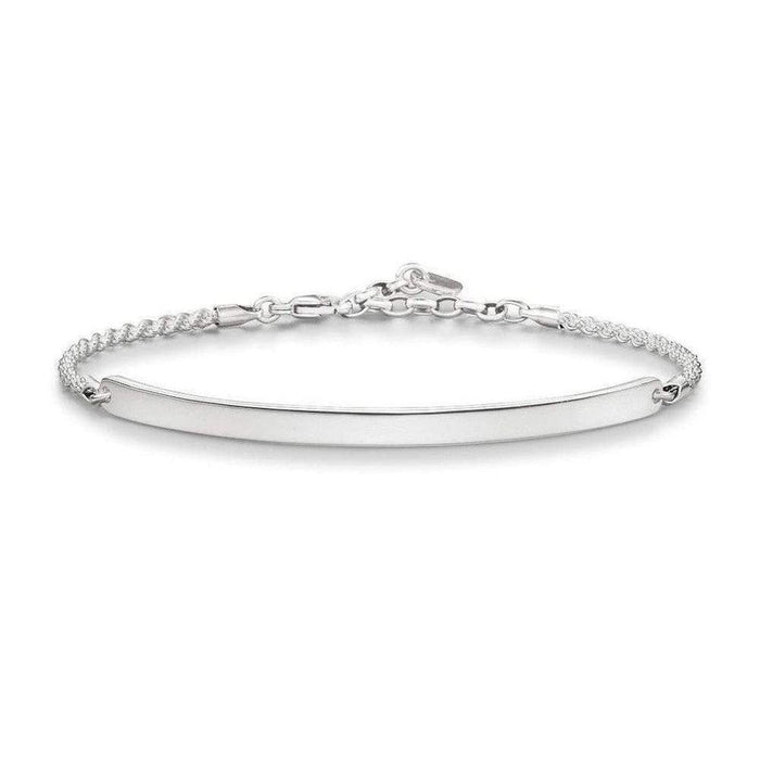 Engravable silver long bar bracelet with chain detail, perfect for personalization.