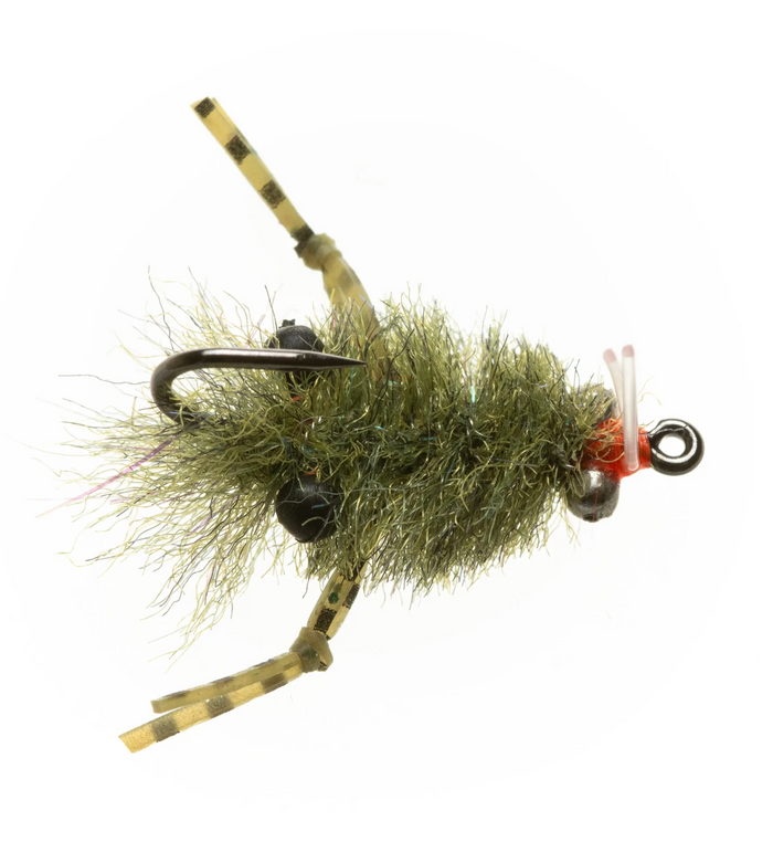 Olive EP Turneffe Micro Crab fly with double black bead head and orange thread wrapping
