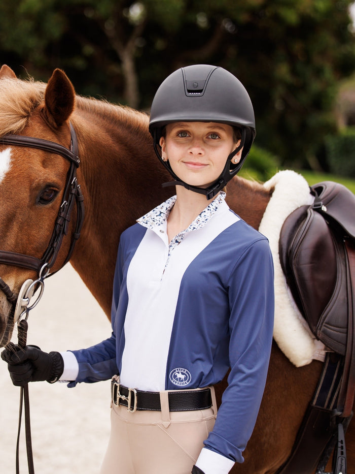 Essex Classics Girls "Luna II" Marine Blue with Woof & Whimsy Long Sleeve Performance Show Shirt - Equiluxe Tack