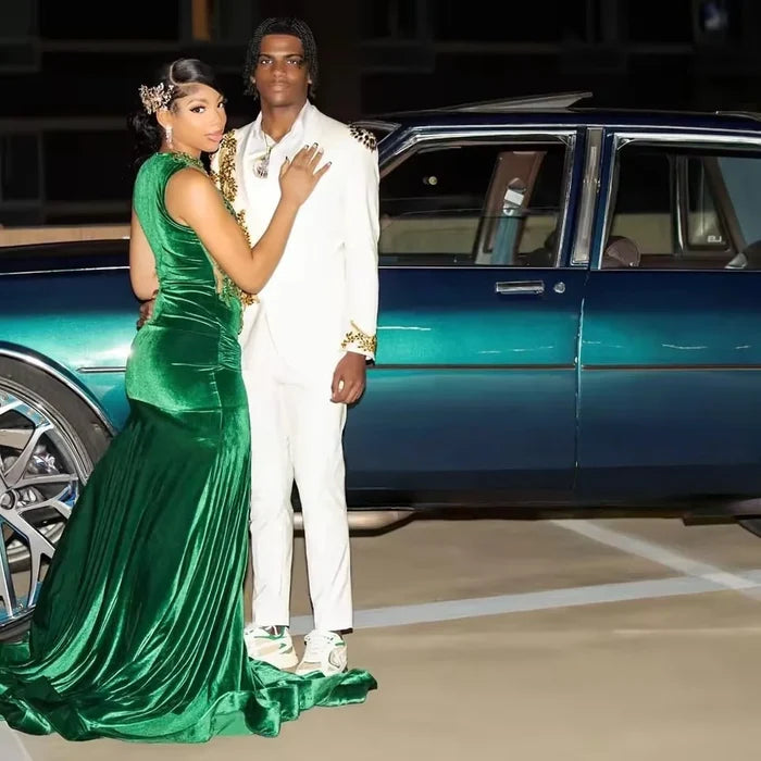 Exquisite Dark Green Velvet Mermaid Prom Dresses African Girls 2025 Crystal Wedding Party Gowns Customized